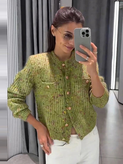 Elegant Knit Women's Short Cardigans Fashion O-neck Single Breasted Full Sleeve Female Sweater 2026 Autumn Lady Casual Knitwear
