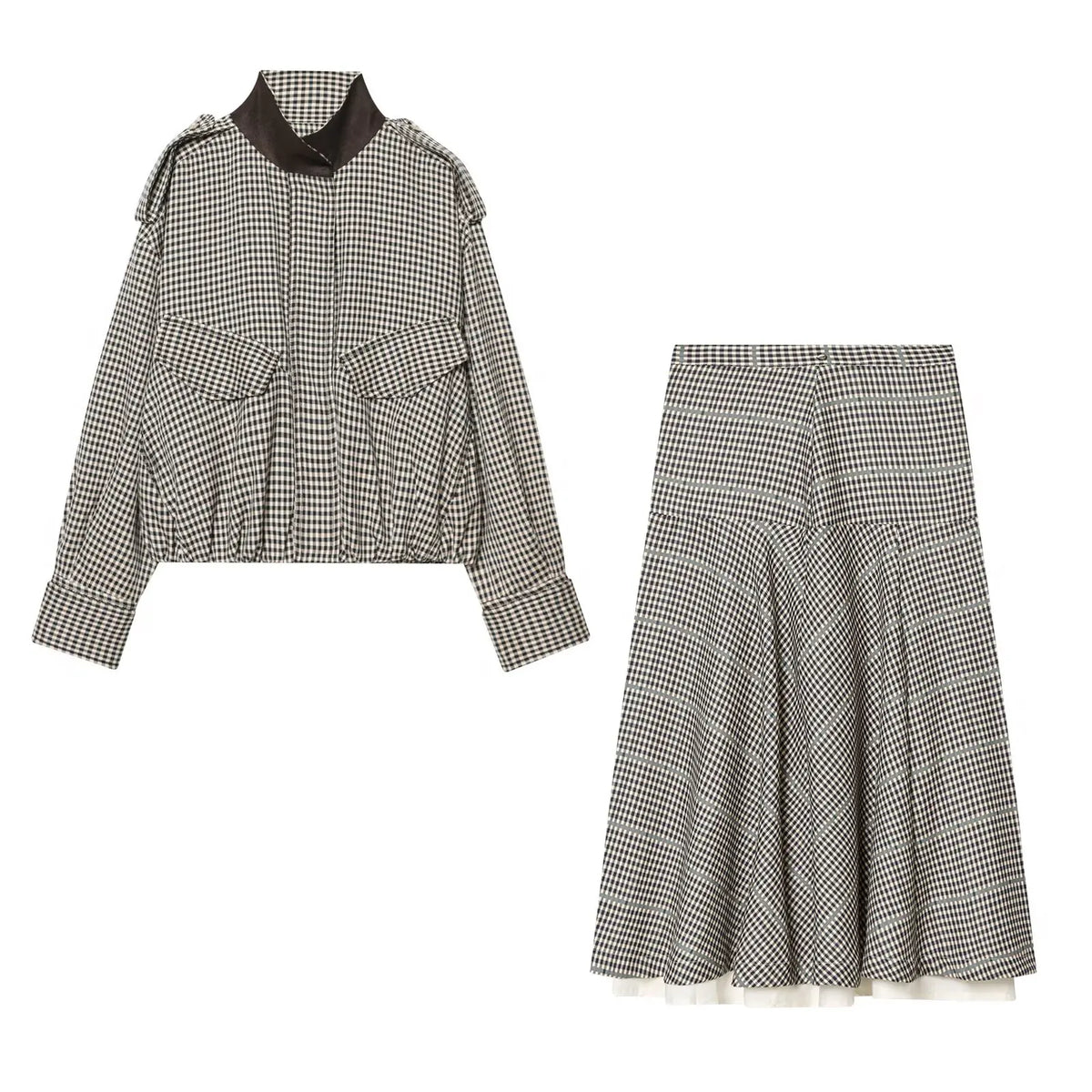 HH 2026 Women Spring Skirt Suit Stand Collar Single Breasted Casual Plaid Bomber Jacket+Side Zipper Splicing Pleated Midi Dress