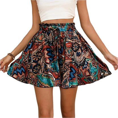 Women's Bohemian shorts high waist drawstring loose shorts lightweight comfortable beach shorts print wide leg short pants