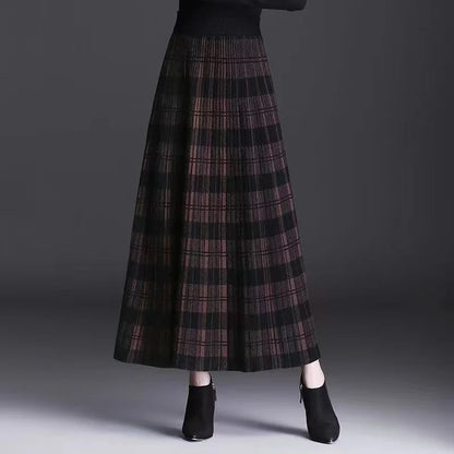 Women Checkered Knitted Skirt Autumn Winter Elastic High Waist A-line Long Skirt Female Thicken Plaid Knitted Sweater Skirts