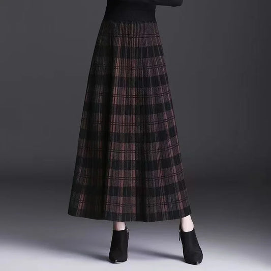 Women's Plaid Knit A-Line Long Skirt