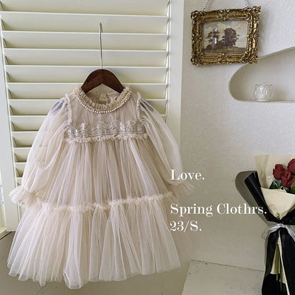 Girl Princess Dress Round Collar Long Sleeves Baby Party Dress with Pearl Mesh Suitable for Children E99011