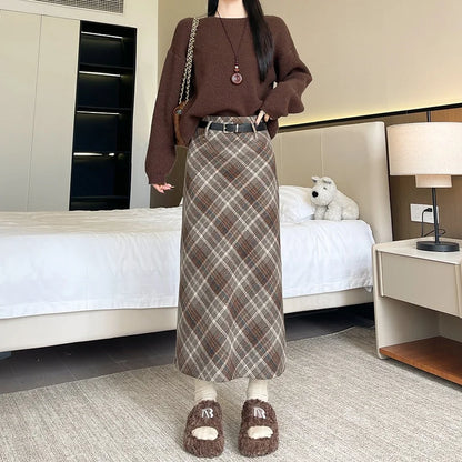 TFETTERS Women Christmas Red Plaid Midi Skirt Autumn Winter Woolen A Line Long Skirt High Waist Vintage Check Straight Skirt