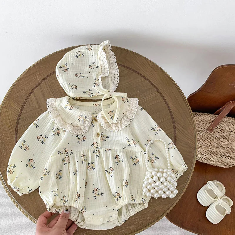 2025 Spring Newborn Infant Baby Girls Romper+Hat 2PCS Lapel Floral Rompers Kids Fashion Baby Clothing Newborn Baby Girl Jumpsuit