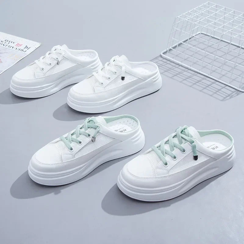 2024 Summer New Baotou Mesh Breathable White Shoes Fashionable Casual Half Slippers Round Toe Women's Sandals NO:M12