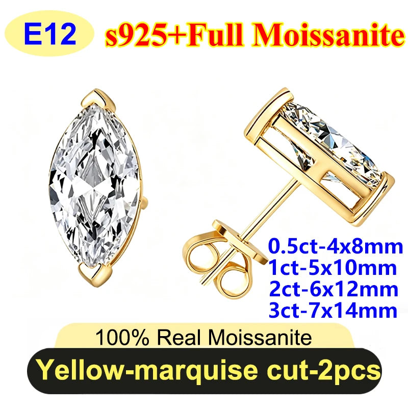 PureNew 0.5-3ct Classic Full Moissanite Earrings For Women S925 Silver Plated 18k Gold D Color VVS1 Women's Moissanite Earrings