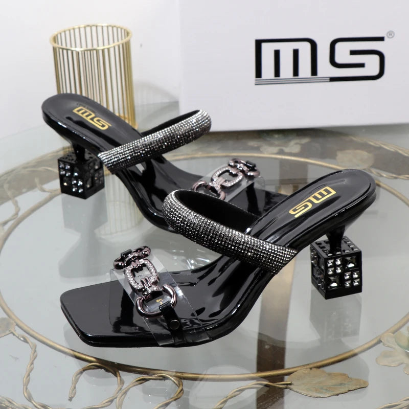 Women's Slippers 2026 Summer Fashion Transparent Belt Metal Decoration Box Shaped Square Alien Heel High Heels Wearing Sandals