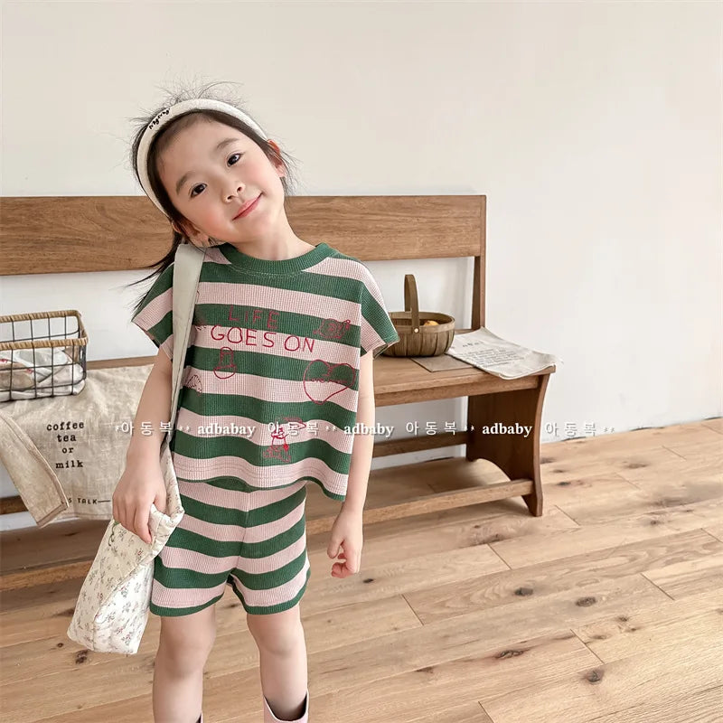deer jonmi 2026 Summer Korean Style Unisex Kids Striped Outfits Embroidery Loose Tops Shorts 2pcs Toddlers Kids Clothing Sets