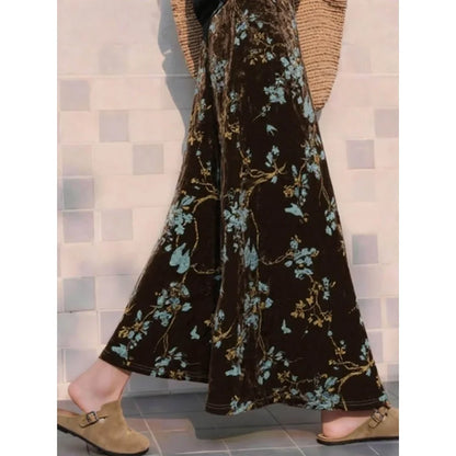 Floral Print Velvet Skirt Women's Clothing Vintage Saia 2026 Faldas Mujer De Moda Korean Chic Jupe High Waist A-line Long Skirts