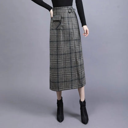 Women's Plaid Straight Skirt with Waist Detail