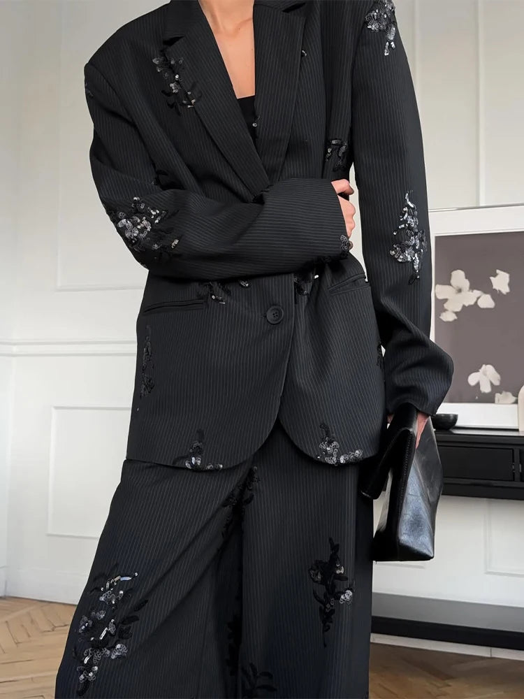 Black Sequin Embroidery Blazer 2 Piece Set Women Full Sleeve Lapel V-neck Loose Wide Leg Pants Suit 2026 Lady Spring Autumn Wear