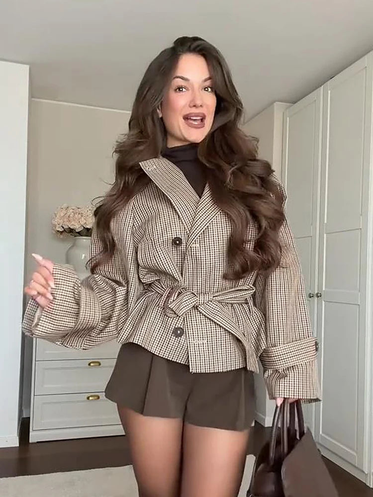 Plaid Women's Outerwear Lapel Double Breasted Trench Coat Belted Raglan Sleeve Jacket French Vintage Style Daily Fashion Wear