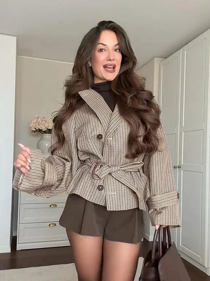 Plaid Women's Outerwear Lapel Double Breasted Trench Coat Belted Raglan Sleeve Jacket French Vintage Style Daily Fashion Wear