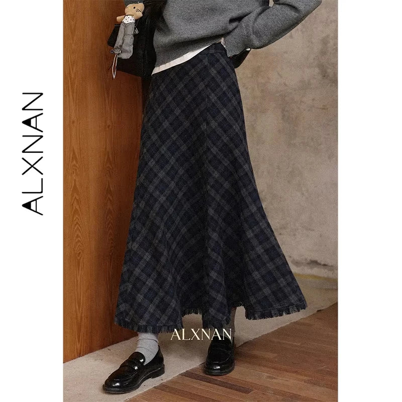 ALXNAN Gray Plaid Skirt High-waist Long A-line Checkered Fishtail Skirt Fall Casual Office Lady Elegant Tassel Skirts L57318