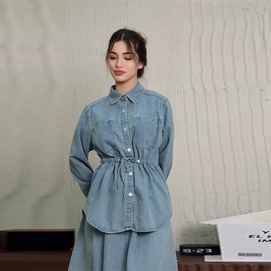 Denim 2 Piece Sets Women Muslim Shirt Coat Skirts Outfits Single Breasted Turn Down Collar Pockets Long Skirts Overshirt Suit