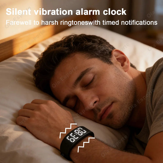 LED Digital Alarm Clock Watch Adjustable Snooze-proof Alarm Bracelet with Running Pedometer Waterproof Vibrating Alarm New HW12
