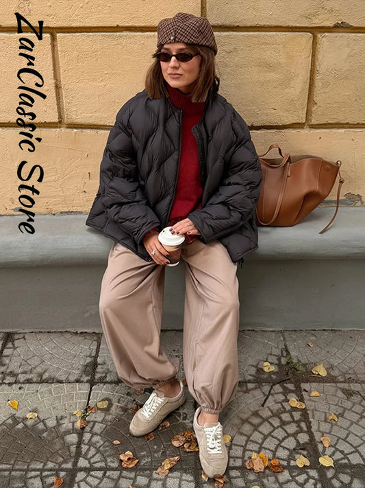 Elegant Women's Winter Jacket Casual Round Neck Zip-up Full Sleeve Loose Quilted Padded Coats New Fashion Warm Outwear 2026