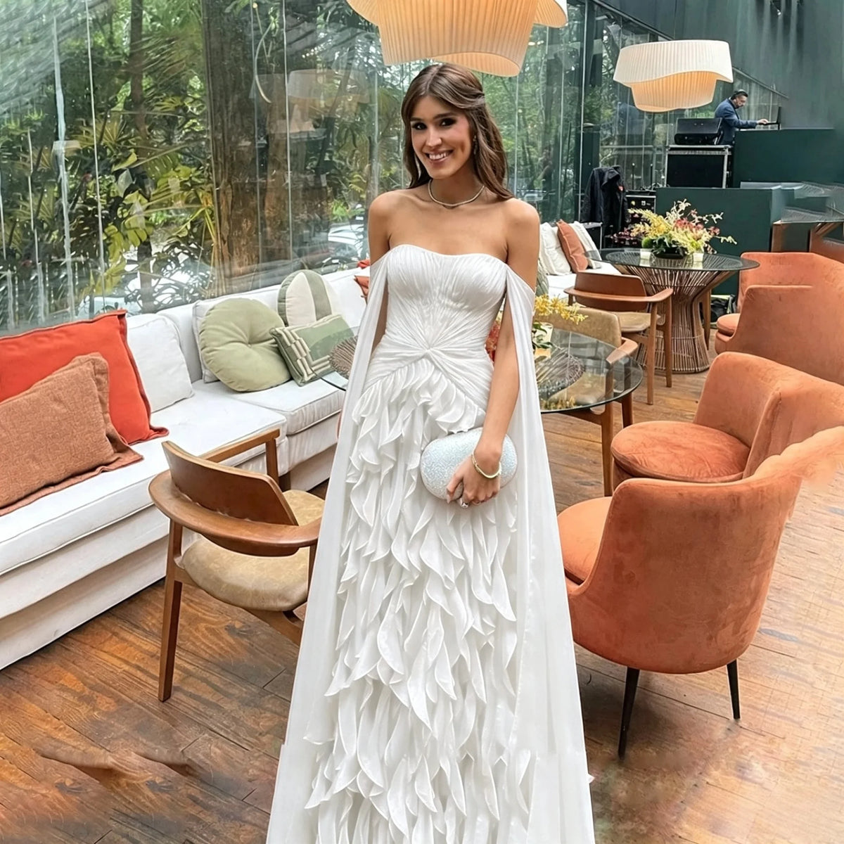 Luxury Red Strapless Formal Evening Dresses Chiffon Ruffled Skirt With Flowing Cape Sleeves Floor Length Wedding Guest Prom Gown