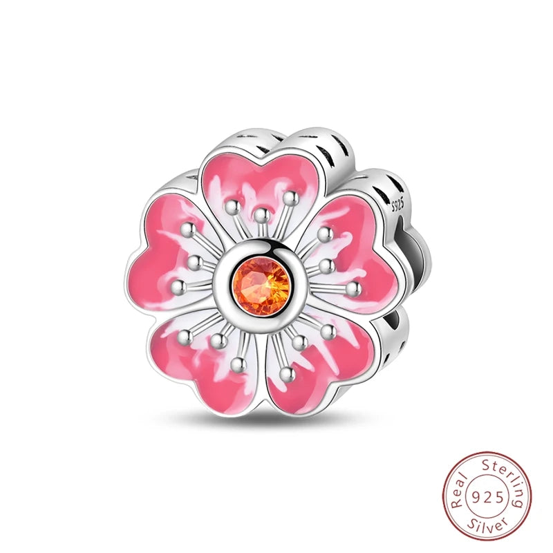 Spring Day 925 Sterling Silver Sunflower Azalea Peony Butterfly Flower Charms Beads Fit 3mm Bracelets DIY Fine Jewelry Making