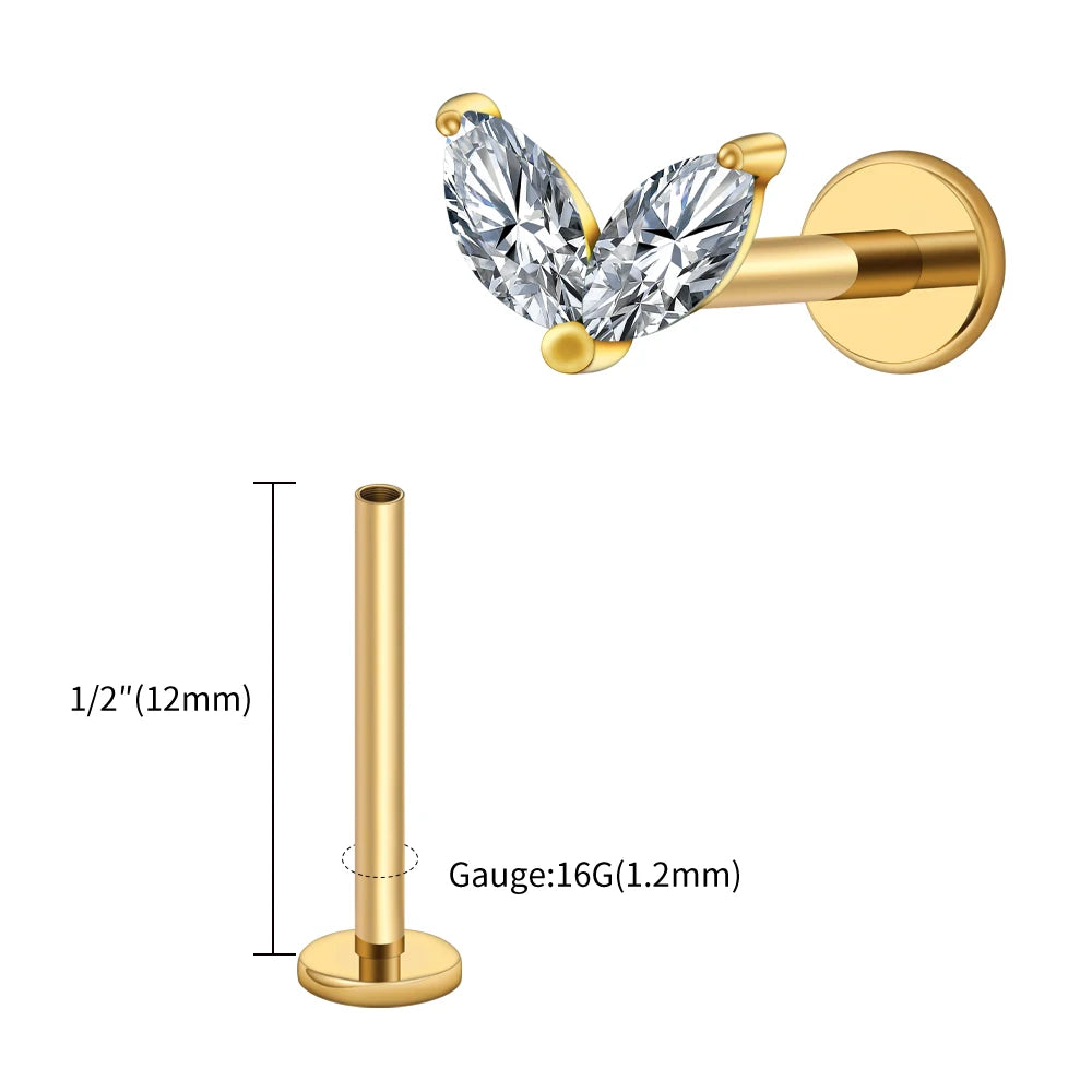 Right Grand ASTM F136 Titanium Tiny Double Marquise CZ Labret Stud Earring 16G Heart CZ Cartilage Helix Tragus Conch Piercing