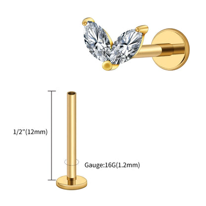 Right Grand ASTM F136 Titanium Tiny Double Marquise CZ Labret Stud Earring 16G Heart CZ Cartilage Helix Tragus Conch Piercing