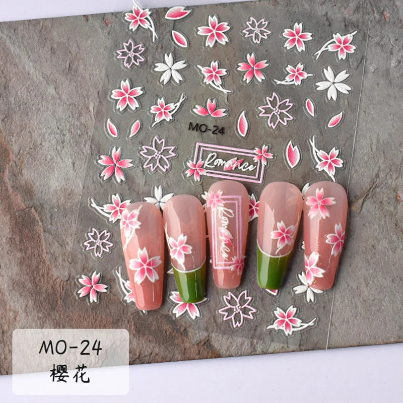 5D Embossed Nail Art Decals Elegant Petals Florals Daisy Flowers Leaves Adhesive Sliders Stickers For Manicure Tips Decoration