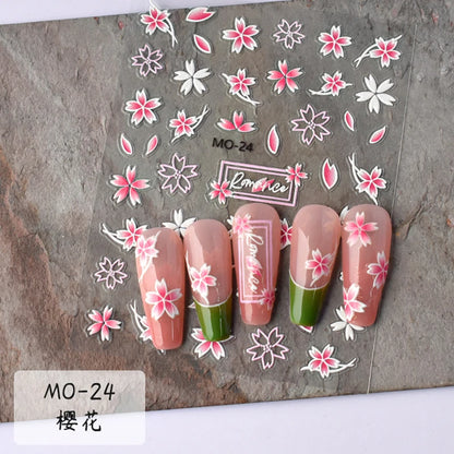 5D Embossed Nail Art Decals Elegant Petals Florals Daisy Flowers Leaves Adhesive Sliders Stickers For Manicure Tips Decoration