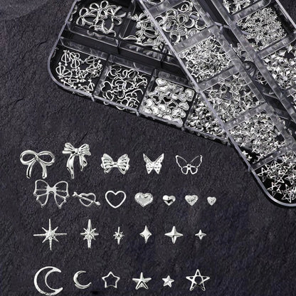 12Grids 3D Silver Heart Bow Butterfly Nail Charms Y2K Metallic Star Moon Nail Rivet Studs DIYValentine's Day Manicure Decoration