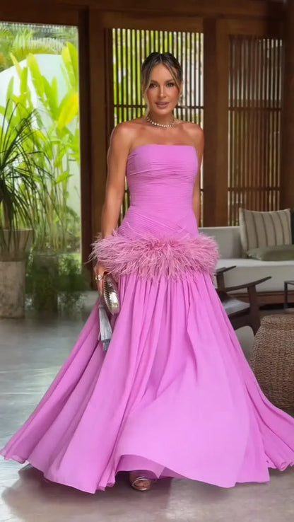 Empire Strapless Sleeveless Evening Gown Wedding Guest Gown Waist Ostrich Feather Trim Back Zip Bridesmaid Dress Custom Color