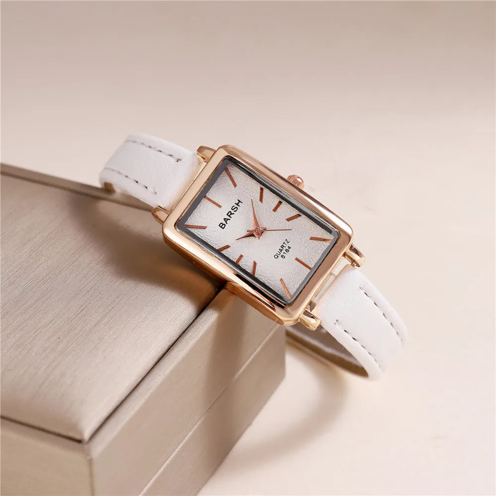 Fashion Rectangle Dial Quartz Women Leather Watch