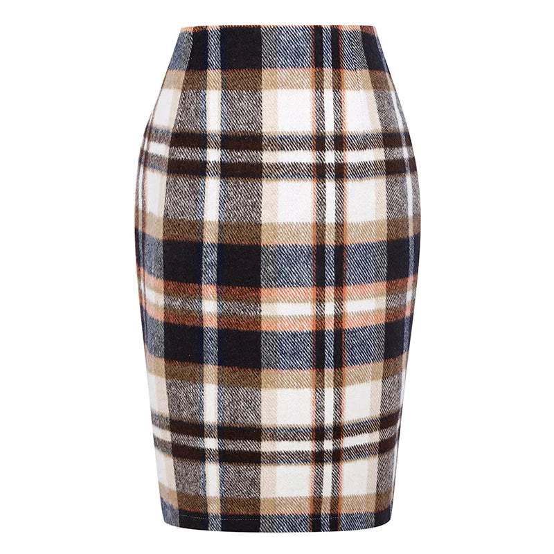 Women Tartan Plaid Thick Woolen Pencil Skirt Lined Back Invisible Zipper High Waist Bodycon Midi Skirt For Daily Casual Outings