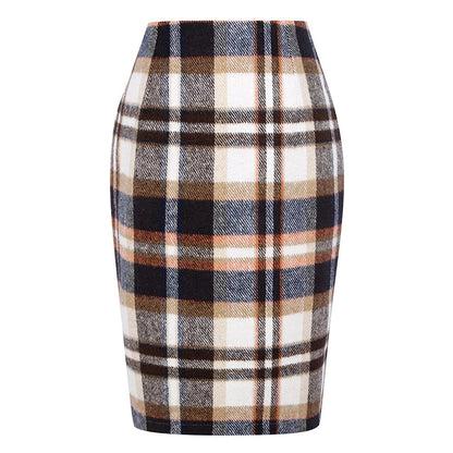 Women Tartan Plaid Thick Woolen Pencil Skirt Lined Back Invisible Zipper High Waist Bodycon Midi Skirt For Daily Casual Outings