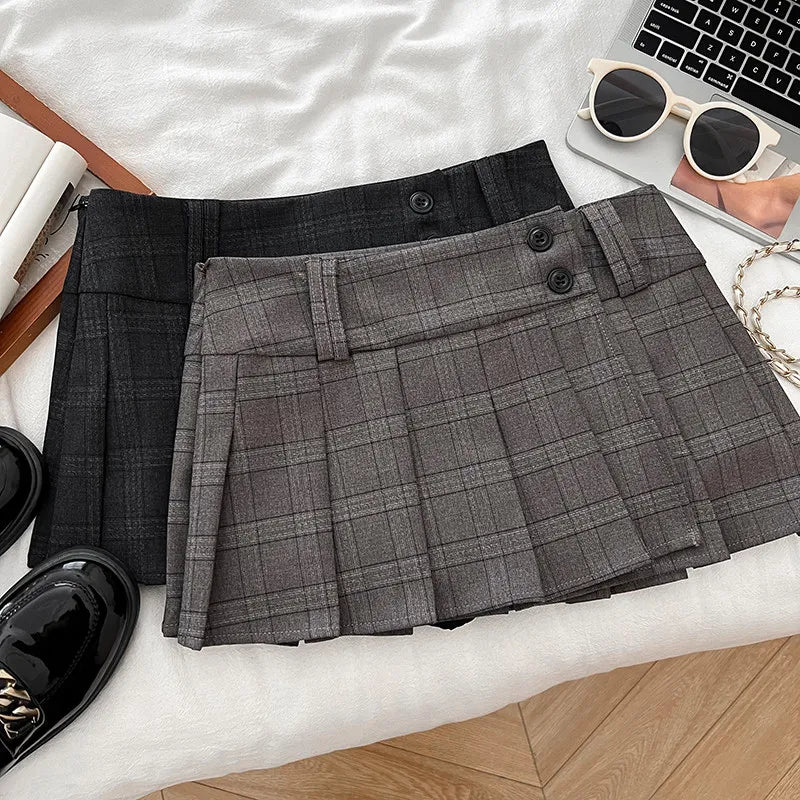 Women Khaki A-line Plaid Pleated Skirt Vintage Fashion Y2K Gyaru Skirt High Waist Preppy Style Retro Midi Skirt for Women Summer
