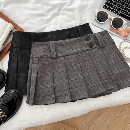 Women Khaki A-line Plaid Pleated Skirt Vintage Fashion Y2K Gyaru Skirt High Waist Preppy Style Retro Midi Skirt for Women Summer