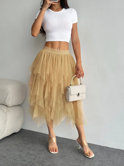 Ladies' high waisted elastic waist layered chiffon midi skirt with irregular asymmetric hem party casual mesh fairy ballet skirt