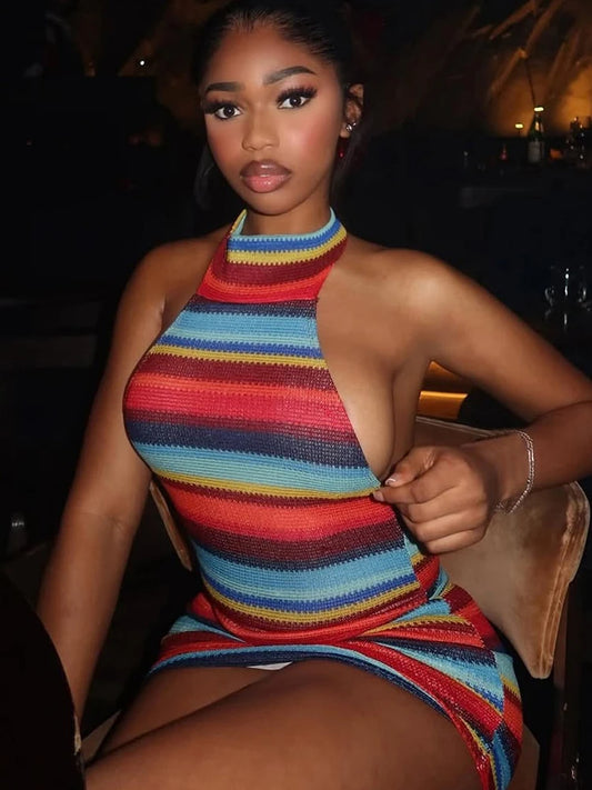 Women's Striped Halter Mini Dress
