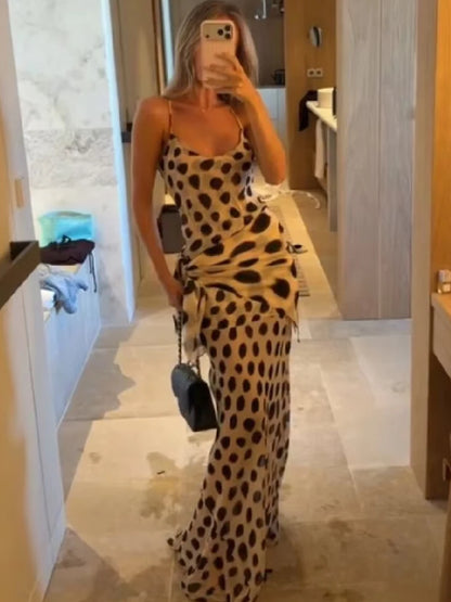 Trendy Slip Dress Animal Print V-neck Ruched Drawstring Sexy Maxi Women Dresses Beach Vacation Stylish Retro Summer Party Outfit