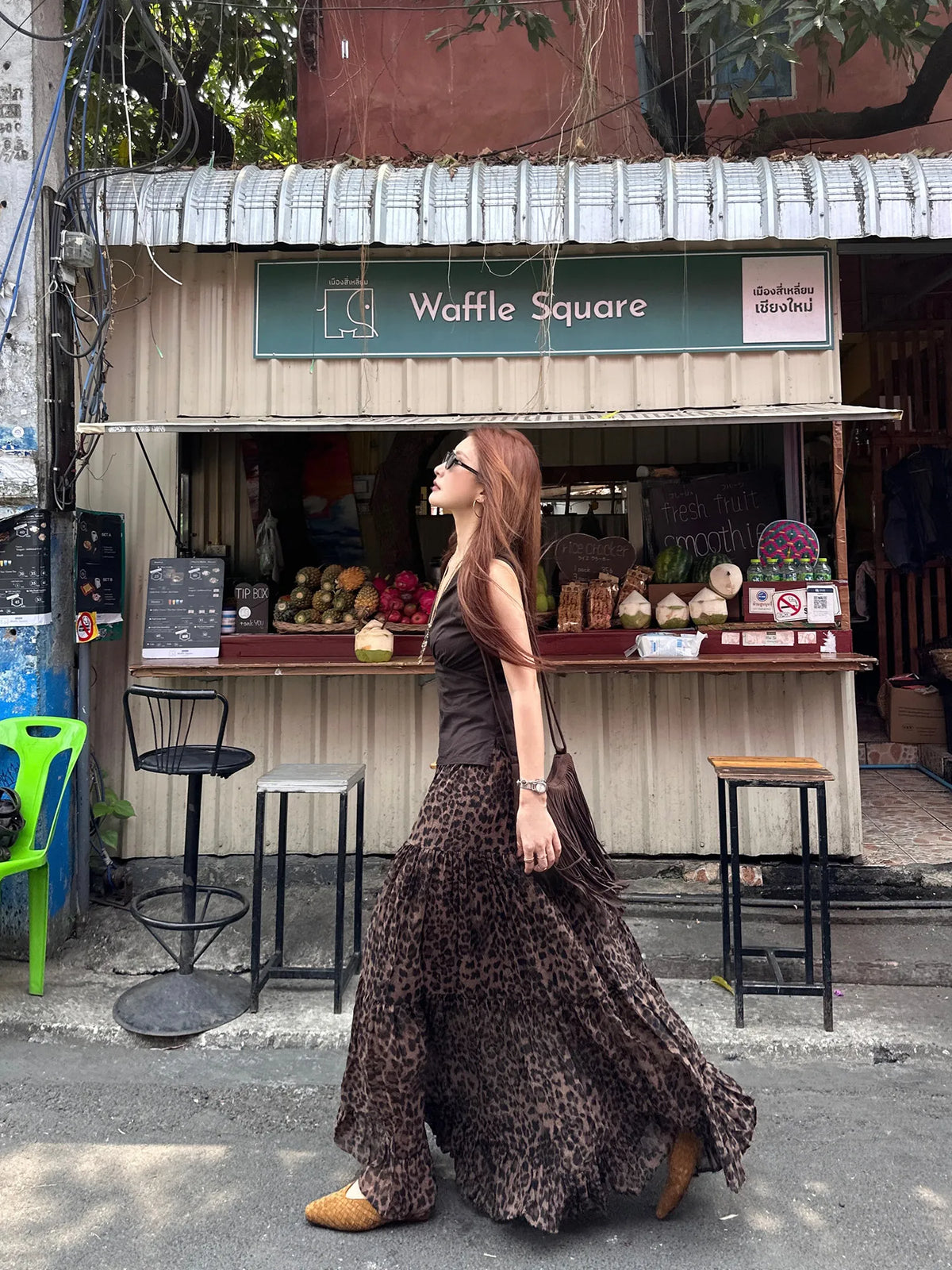 【FANGTING】Women's Leopard Print Skirt Summer Elastic Waist Chiffon High Waist Vintage Midi Skirt