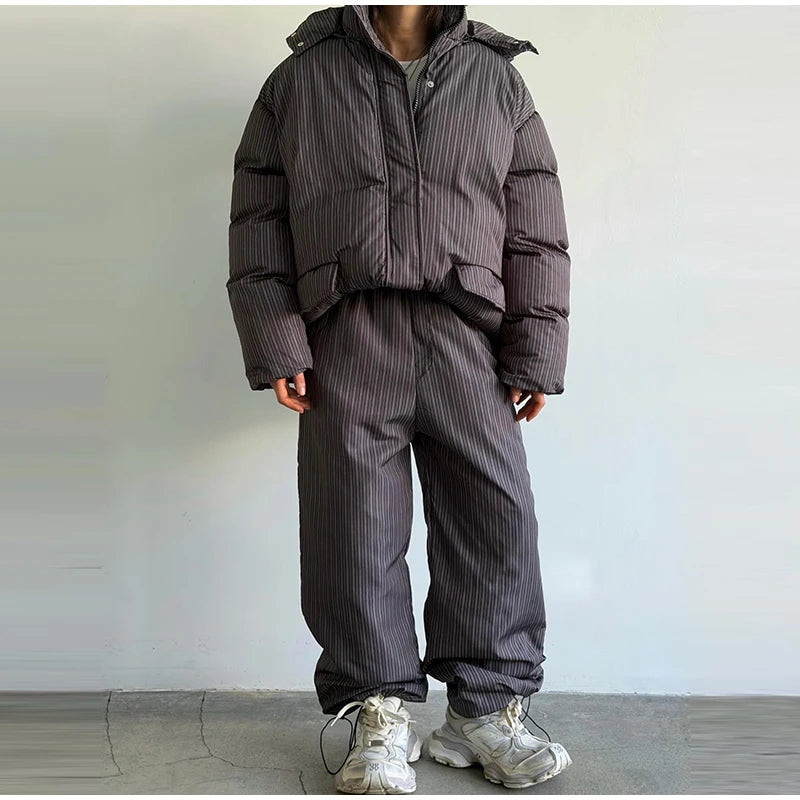 Fashion Women's Stripe Cotton Padded Coat Pant Set Loose Full Sleeve Hooded Zipper Jacket Elastic Waist Pants 2026 Winter Suits