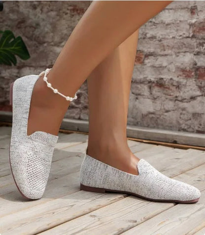 2024 Solid Color Square Toe Mesh Loafers Shallow Women Flats Shoes Soft Bottom Knit Ballet Flats Shoes Casual Slip on Boat Shoes