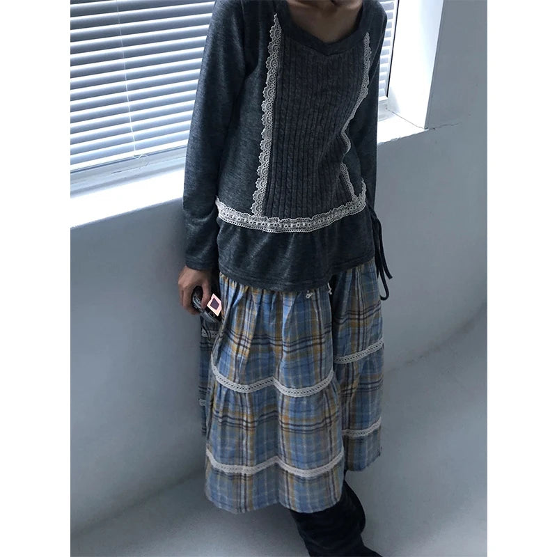MEXZT Harajuku Plaid Midi Skirt Women Japanese Vintage Lace Patchwork Skirts Summer Streetwear Grunge Casual A Line Faldas New