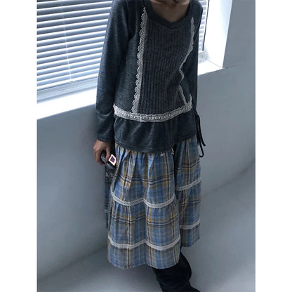 MEXZT Harajuku Plaid Midi Skirt Women Japanese Vintage Lace Patchwork Skirts Summer Streetwear Grunge Casual A Line Faldas New