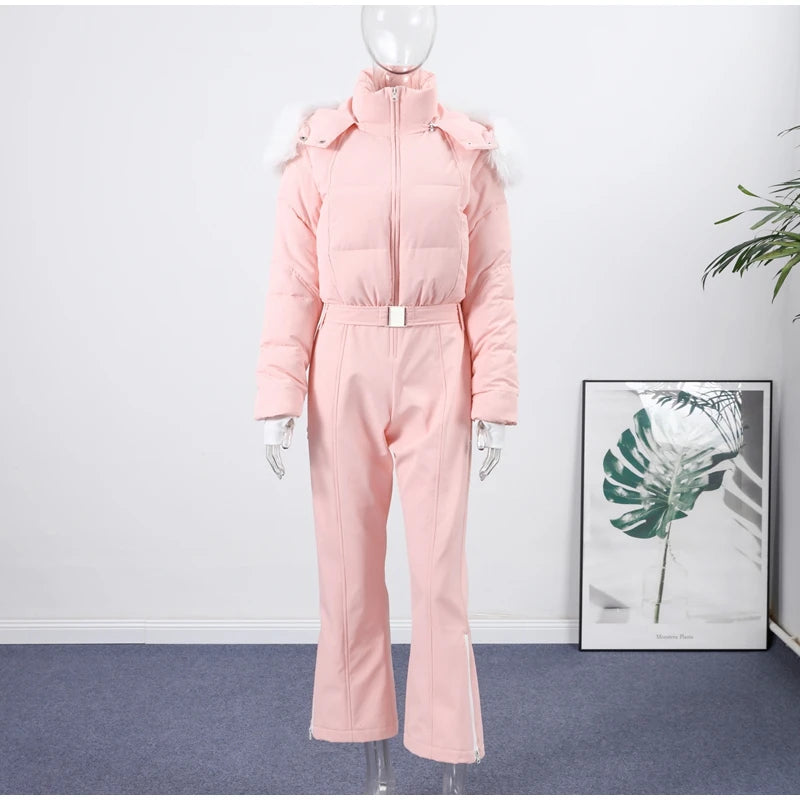 Winter Women's Black Fur Hooded Belted Ski Jumpsuit Slim Fit Waterproof Windproof Skiwear 2026 Lady Warm Sport Snow Bodysuit New