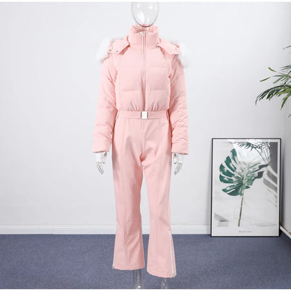 Winter Women's Black Fur Hooded Belted Ski Jumpsuit Slim Fit Waterproof Windproof Skiwear 2026 Lady Warm Sport Snow Bodysuit New