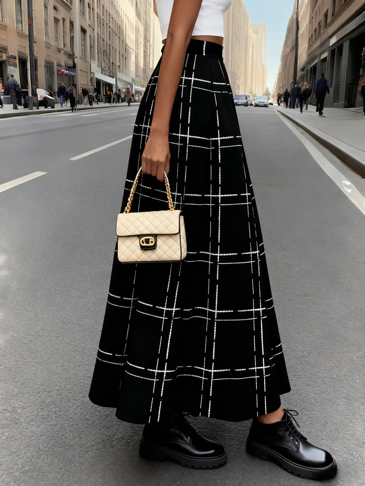 Women's High Waist A Line Pleated Skirt with Black and White Plaid Print Casual Office Midi Skirt for Summer Spring