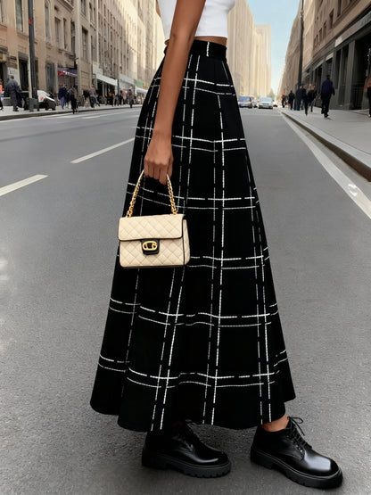 Women's High Waist A Line Pleated Skirt with Black and White Plaid Print Casual Office Midi Skirt for Summer Spring