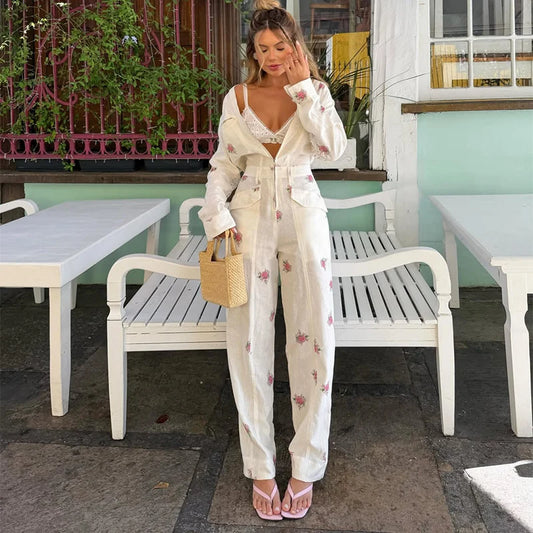 Printed Lace PatchWork Women's Jumpsuit V Neck Long Sleeves Jumpsuits Slim Fit Jumpsuit for Lady 2026 Summer Club Tops