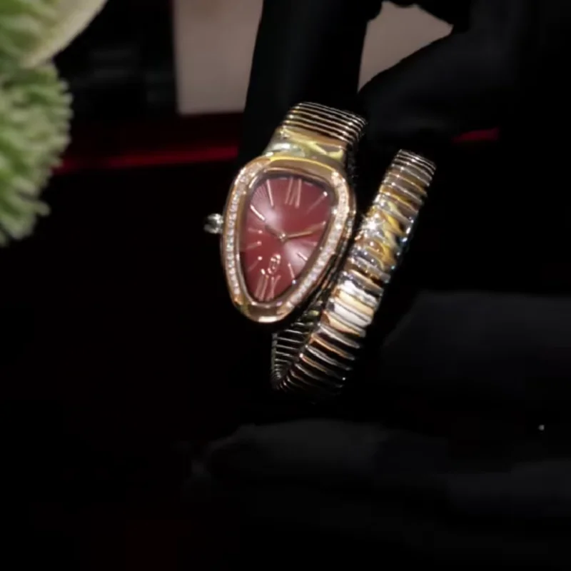 Cameo Luxury Snake Coil Bangle Watch Women Two Tone Stainless steel Silver Rose Gold Red Dial CZ Inlaid Ladies Dress Wristwatch