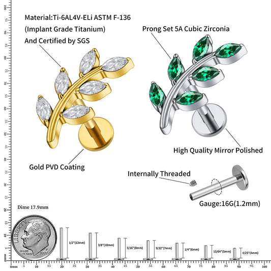 Right Grand ASTM F136 Titanium 16G Marquise CZ Leaves Stud Earring Leaf Shaped Helix Cartilage Conch Flat Back Piercing Jewelry