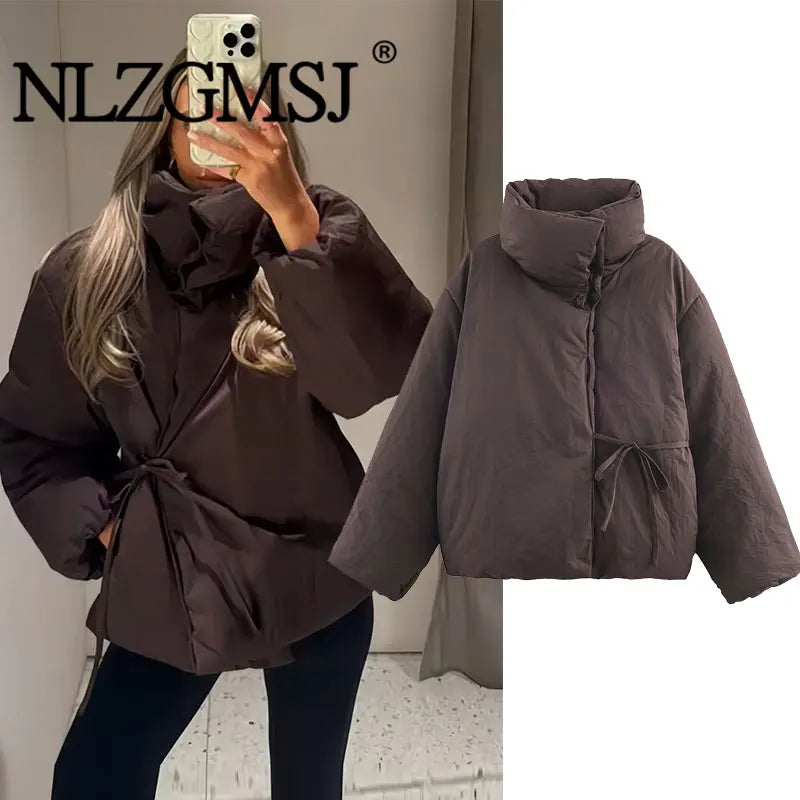 Nlzgmsj 2025 Winter Vintage Loose Women Jacket Lace-Up Stand Collar Long Sleeve Casual Street warm Parka Outerwear Y2k